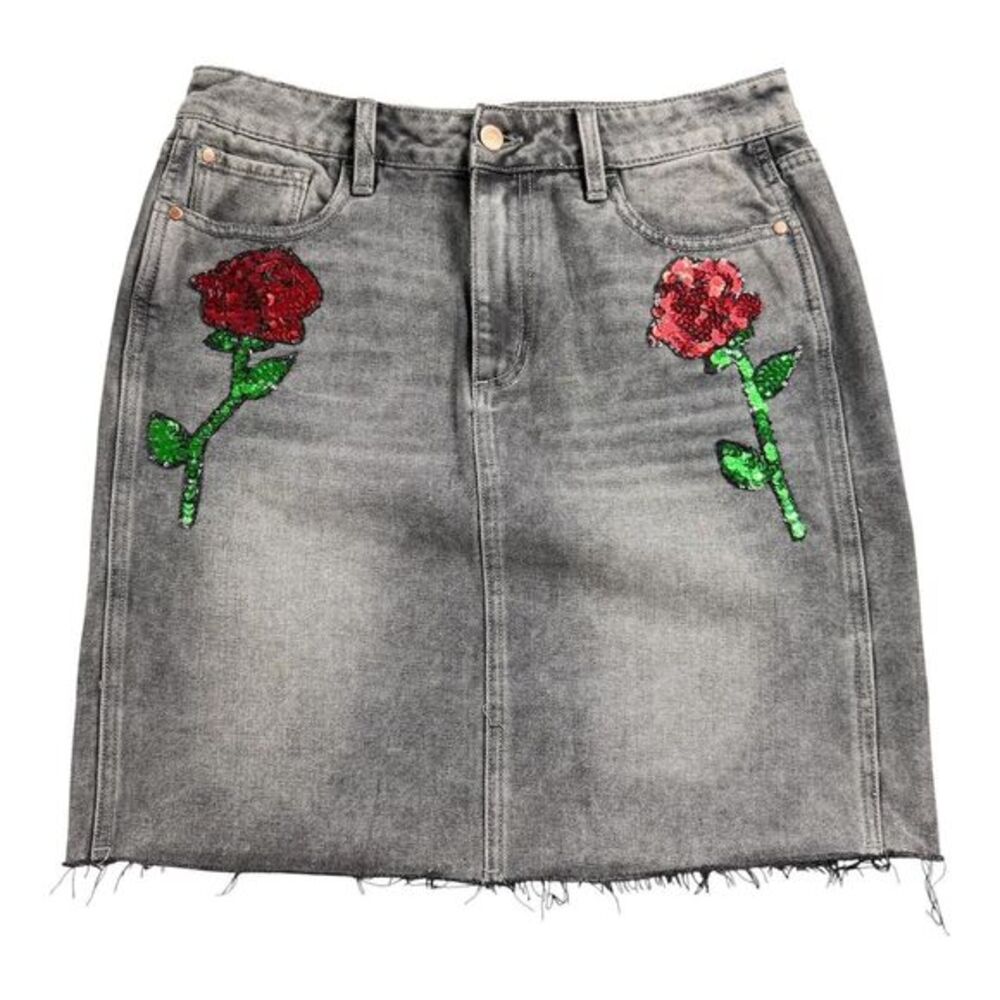 Buffalo David Bitton Gray Denim Skirt Sequin Roses Womens 30